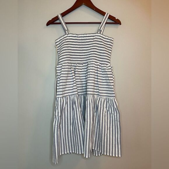 LUMIERE Urban Outfitters Stripe Smocked Blue & White Babydoll Dress Size Large - Picture 8 of 13